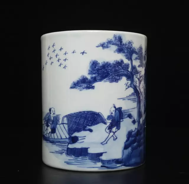 Kangxi Signed Old Chinese Blue & White Porcelain Brush Pot w/fisherman