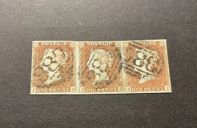 Gb Queen Victoria, 1D Red Strip Of 3 Cancelled By ‘387’ Numeral Of Huddersfield