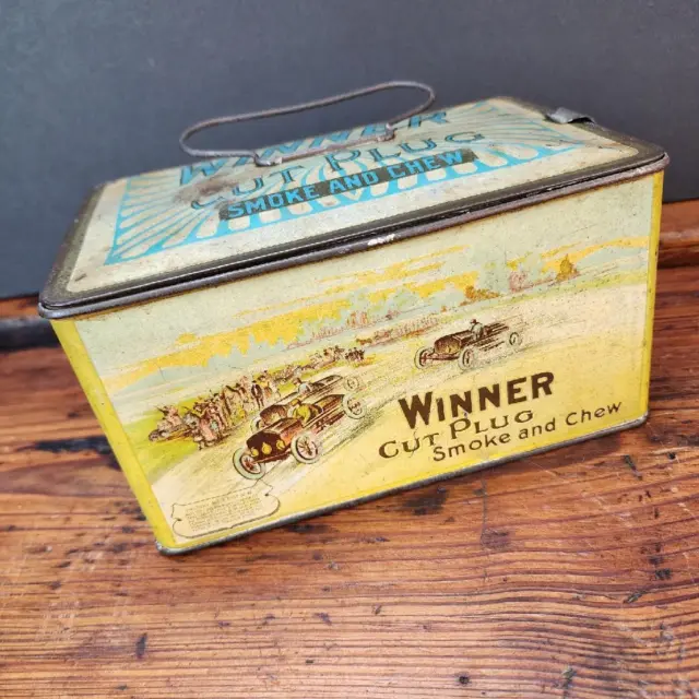 Vintage WINNER CUT PLUG Lunch Box TOBACCO Tin Graphic Race Car Antique