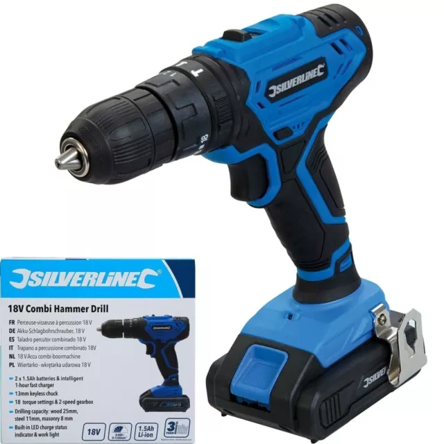 Silverline 18V Electric Combi Hammer Drill Keyless Chuck Li-Ion Battery