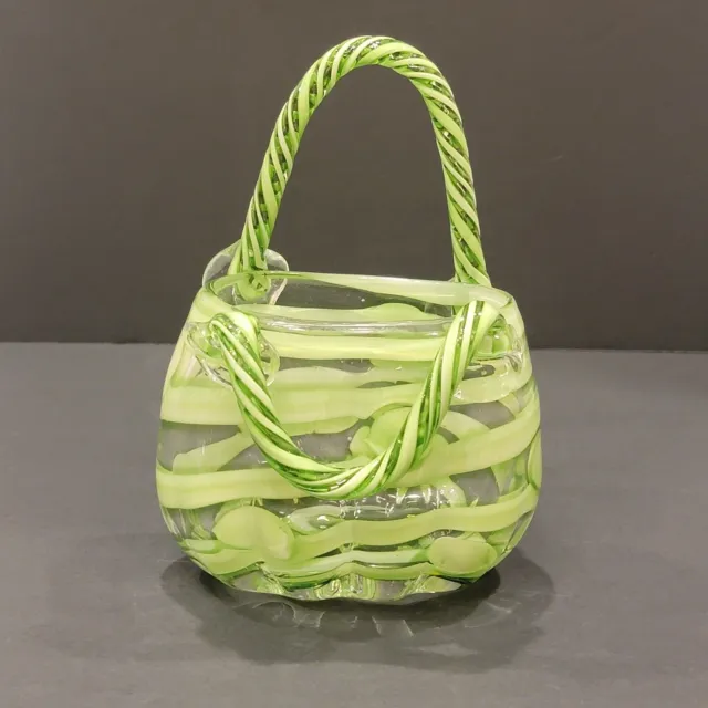 Art Glass Purse.  Murano Style. Hand Blown, Green Striped Vase