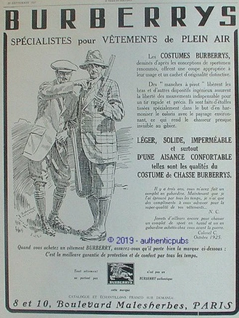 Publicite Burberrys Vetements Costume De Chasse Fusil Chasseur De 1927 Ad Pub