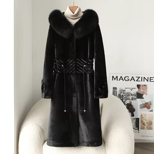 New Genuine Mink Fur Coat Women's Real Fox Fur Hooded Thicken Warm Long Jackets