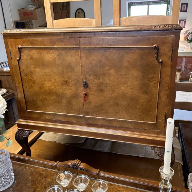 Vintage Antique Burr Walnut Carved Drinks Cabinet Cabriole Legs UK Delivery