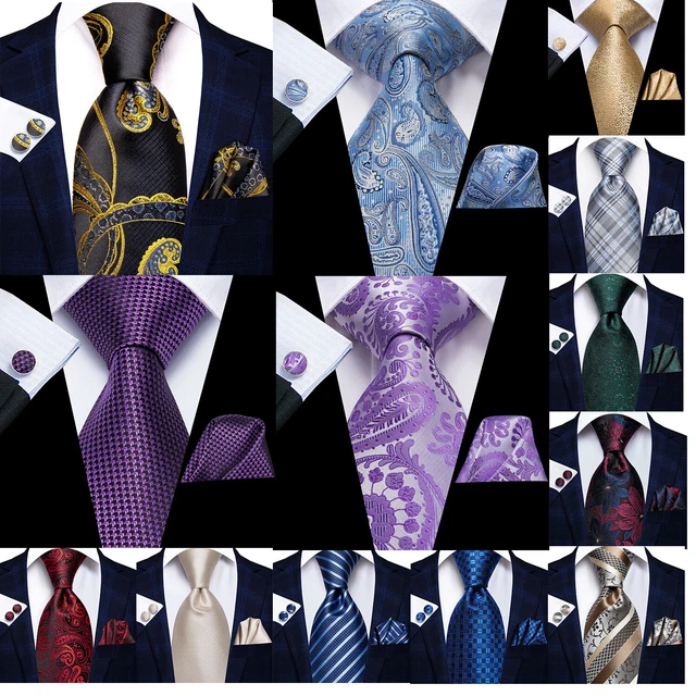 USA Mens ALL Silk Tie Striped Solid Paisley Necktie Hanky Cufflink Set Wedding