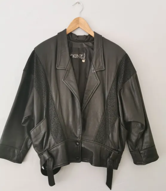 Skinz Australia Size 12 Vintage 80's Batwing Black Women's Lined Leather Jacket