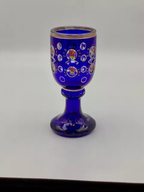 Biedermeier Footed Glass Cobalt Blue Cup Hand Painted Bohemian Water Wine