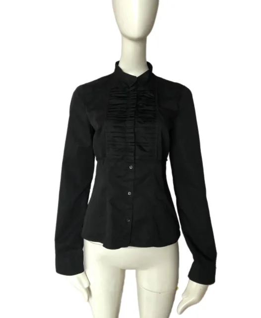 BOSS Hugo Boss Black Cotton Ruffle Slim Fit long Sleeve Shirt Blouse Size 6 US