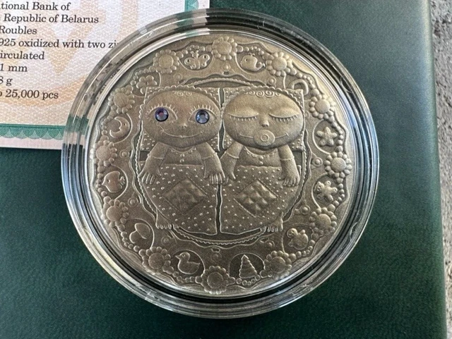 Gemini Zodiac of the Sign 20 Roubles Silver Coin With Crystal Belarus 2009 (
