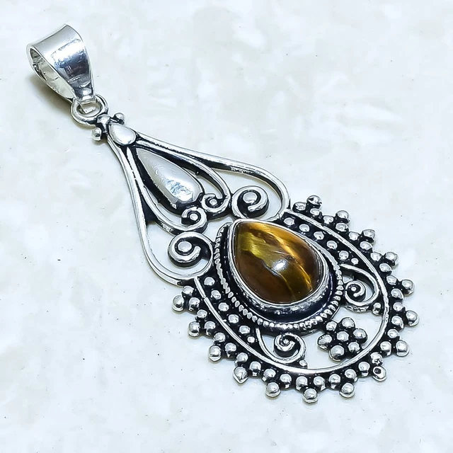 Tiger'S Eye Gemstone Handmade Ethnic Silver Jewelry Pendant 2.0" PLG12077