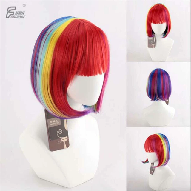 Rainbow-colored short straight Bob hair ball fans cos wigs Cosplay gift Elegant