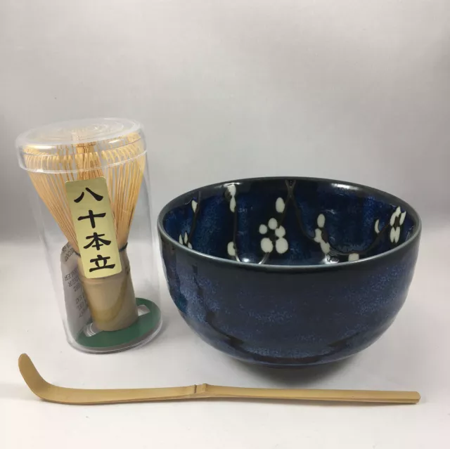Japanese Matcha Bowl Bamboo Scoop 80 Whisk Tea Ceremony Set Blue Cherry Blossom