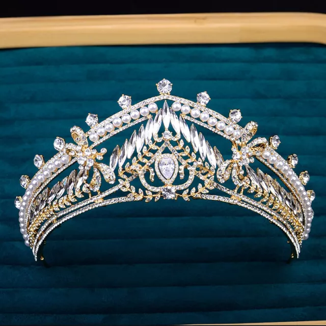 6cm Tall Luxury Gold Tiara Crown Pearl Crystal CZ Wedding Bridal Queen Princess