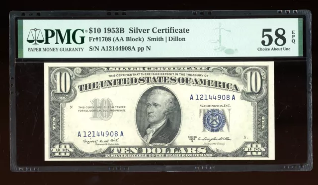 DBR 1953-B $10 Silver Fr. 1708 PMG 58 EPQ Serial A12144908A