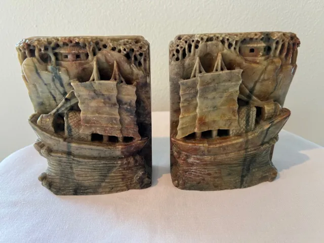 Vintage Pair Chinese Hand Carved Soapstone Sailboats/Ships Bookends w/ marking