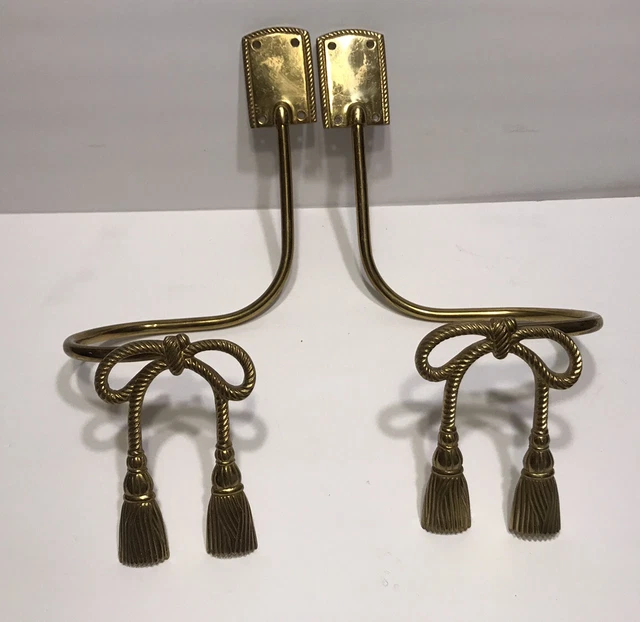 Set Of 2 Vintage Brass Curtain Drapery Tie Backs Pull Backs Ribbon