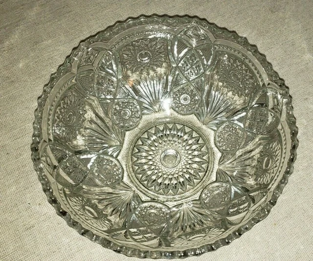 Vintage Cut Glass Bowl American Brilliant? 8" Sawtooth Rim Beautiful Clean Bowl