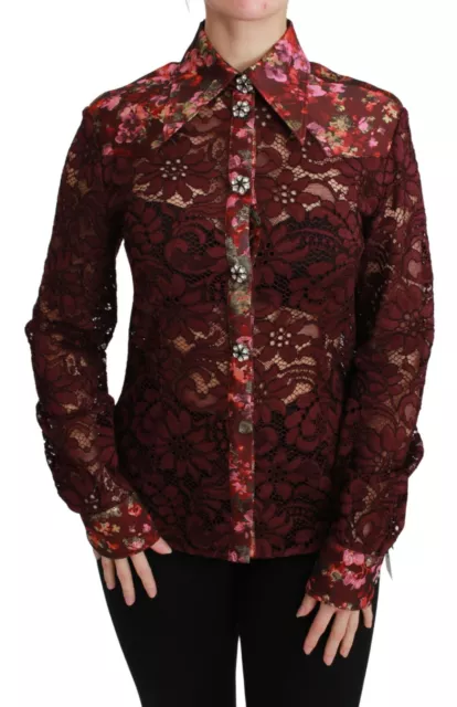 DOLCE & GABBANA Blouse Shirt Bordeaux Lace Floral Crystal IT38/US4 /XS RRP $1900