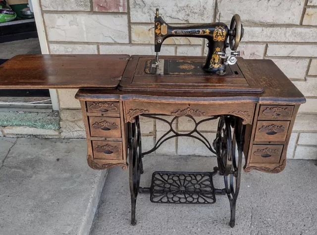 Working Antique Minnesota Treadle Sewing Machine in Oak Cabinet w/ Drawers