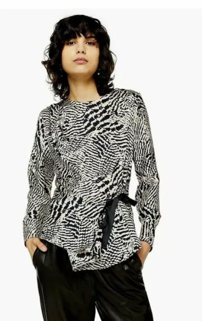 Topshop Women's Zebra Print Top Blouse Size 8 Black Work Blouse Animal Side Tie