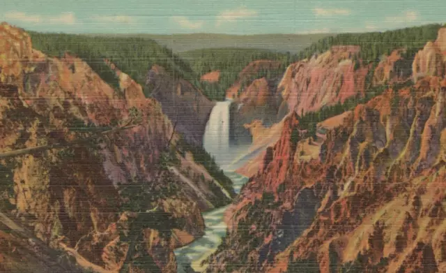 Grand Canyon from Artist Point in Yellowstone Natl Park Linen Vintage Post Card