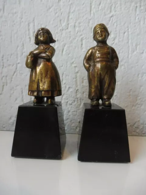 2 Hermosa, vieja Figuras Bronce __ Par En Holandés Traje __ Bronce