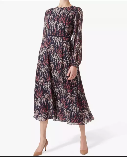 HOBBS EDEN Tea Dress Midnight Rose Navy MIDI  Size 16 Uk Floral Chiffon Lined