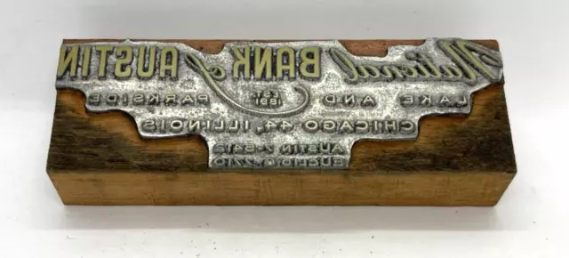 Vtg Letterpress Printers Print Block -National Bank of Austin Chicago Ill - Adv