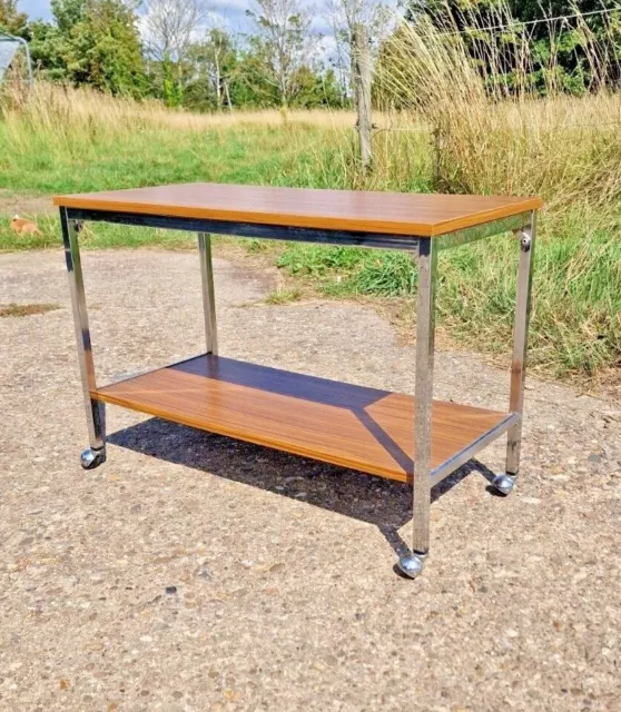 Modernist Retro Chrome & Wood Cocktail Drinks Trolley Coffee Table - Mid Century