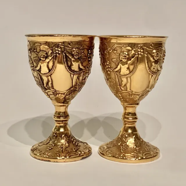 Set of 2 Corbell & Co Gold Plated Embossed Silver Plate Goblet Cordial Cups 3.5"