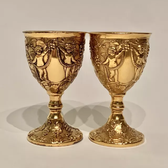 Set of 2 Corbell & Co Gold Plated Embossed Silver Plate Goblet Cordial Cups 3.5"