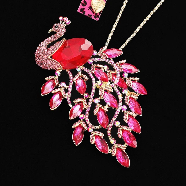 Crystal Rhinestone Peacock Pendant Sweater Chain Necklace Betsey Johnson Gift