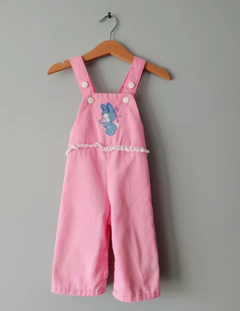 Vintage Overalls Size 12 Months Pink Embroidered Bunny Rabbit Baby Girls Easter