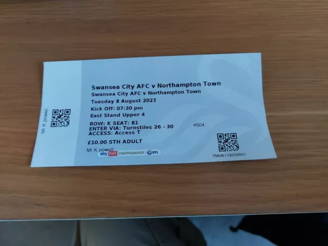 Swansea City V Northampton Town League Cup Rnd 1 Unused Ticket 8Th August 2023