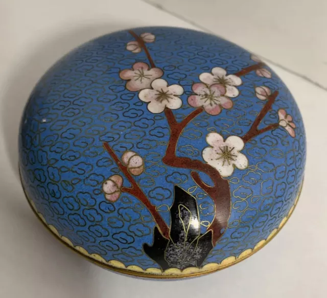 VINTAGE CLOISONNE CHERRY Blossom Tree Asian Chinese Covered Box Blue ...