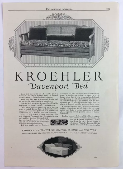 Vintage Original Print Ad 1923 Kroehler Davenport Bed 8" x 11.5" PA-1441