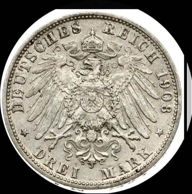 German States Baden 1908-G, 3 marks High Grade old silver world coin #4377