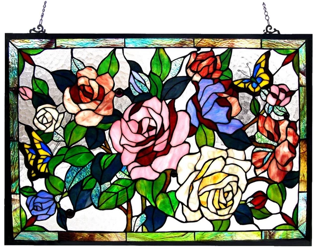 RADIANCE goods Floral Stained Glass Window Panel 27"x19"