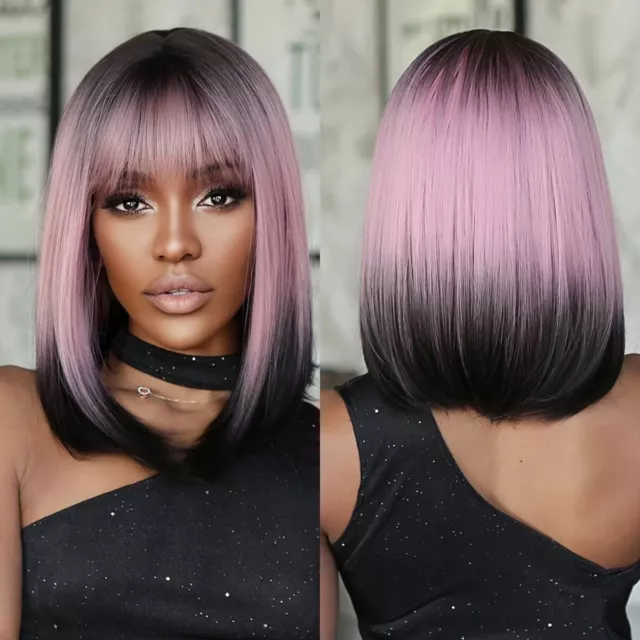 Fashion Ombre Black Purple Pink Bob Wigs Short Straight with Bangs for Women