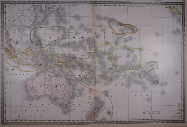 1882 (Lg 15"x21") R. McNally Atlas Map ~ SOUTH PACIFIC - OCEANICA ~ Free S&H