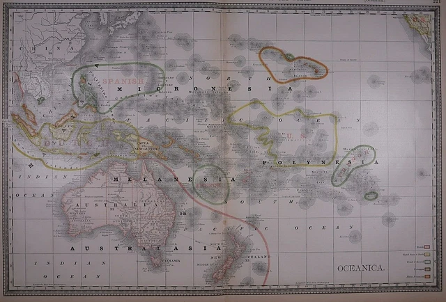 1882 (Lg 15"x21") R. McNally Atlas Map ~ SOUTH PACIFIC - OCEANICA ~ Free S&H