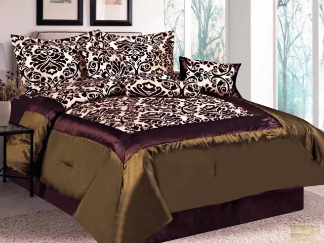 7-Pc Damask Floral Flocking Satin Comforter Set Brown Green Beige King