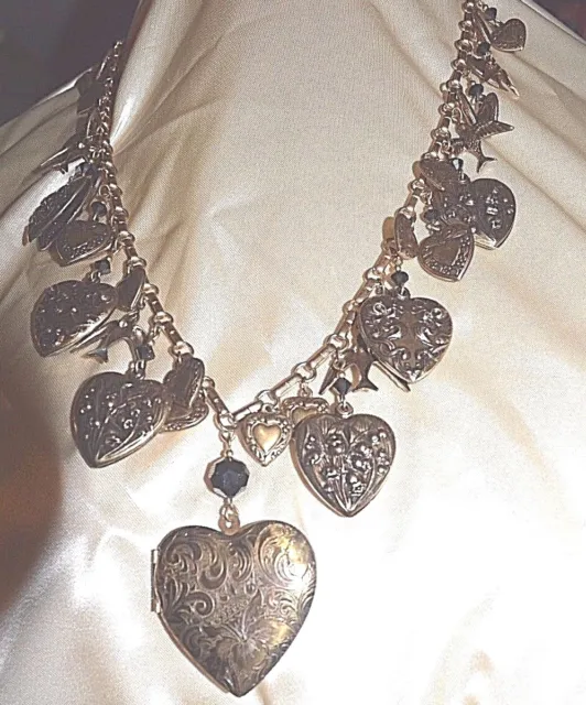 SADIE GREEN Necklace Locket ETCHED HEART HEART & DOVE CHARMS BLACK CRYSTALS 24"