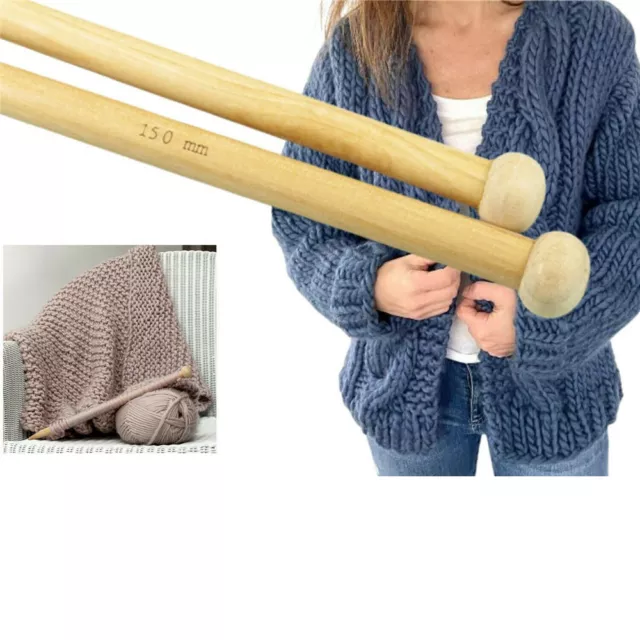 15mm Knitting Needles Bamboo Single Point 35cm Length Knit Large Chunky Wooden