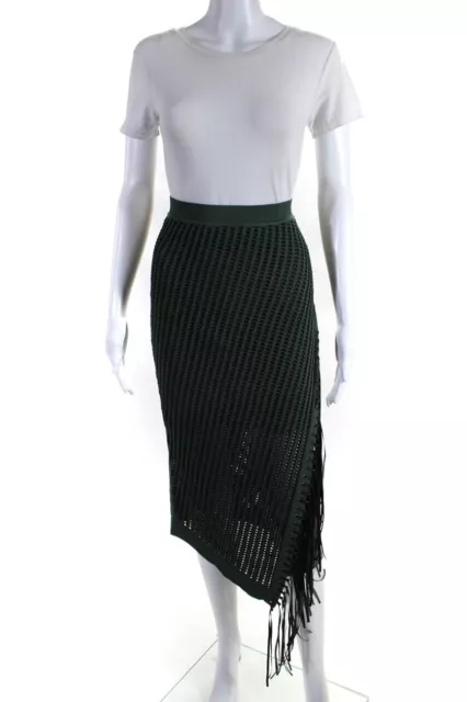 Jonathan Simkhai Womens Elastic Waistband Fringe Knit Skirt Green Black Medium