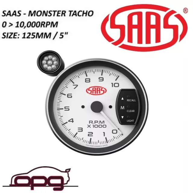 SAAS SG-TAC5W 5 Inch Monster Tacho Tachometer Gauge Shift Light White