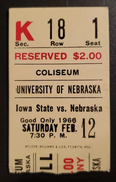 Nebraska Cornhuskers Iowa State Basketball Ticket Stub 2/12 1966 Stuart Lantz LA