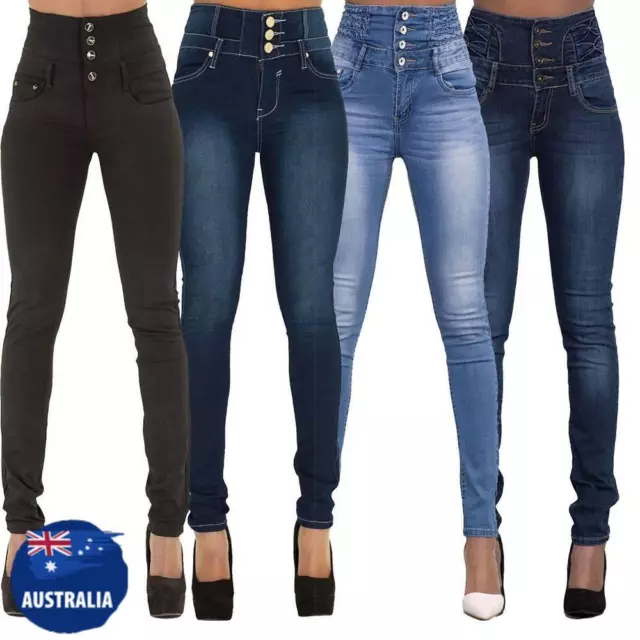 Women Denim High Waist Jeans Pencil Pants Ladies Button Stretchy Skinny Jeggings
