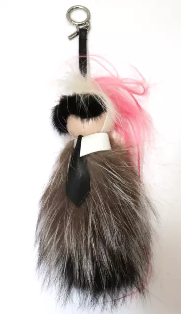 Fendi Karlito Mini Leather Purse Charm Natural Goat Fur - Pink/Black/White