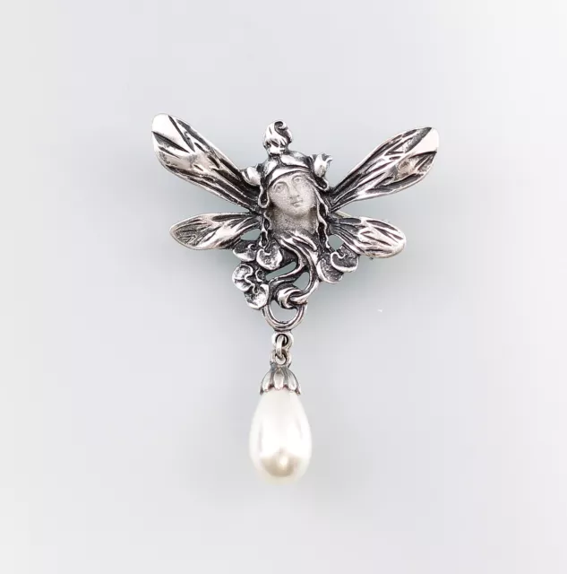 9901262 925er Argent Art Nouveau D'après Mucha Broche avec Perle 4x5cm